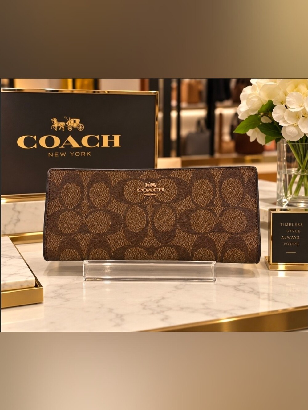 Coach Brown Signature Continental Wallet with Gold Logo